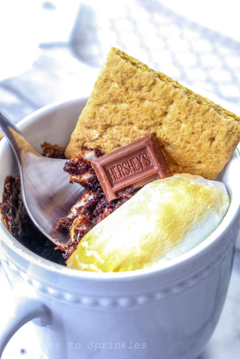 Up close s'mores mug cake.