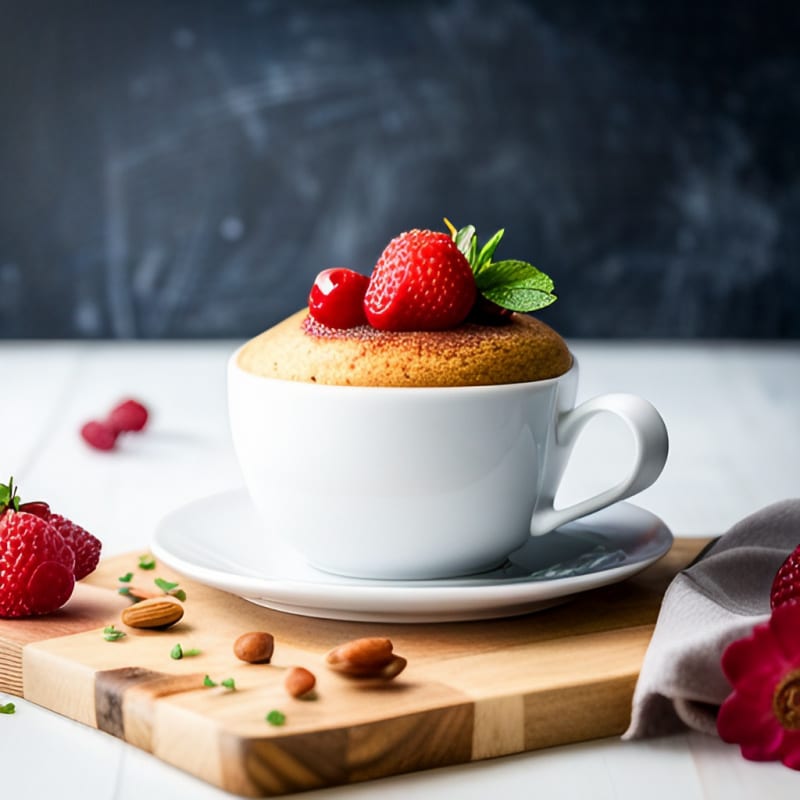 Almond flour mug cake with strawberry on top.