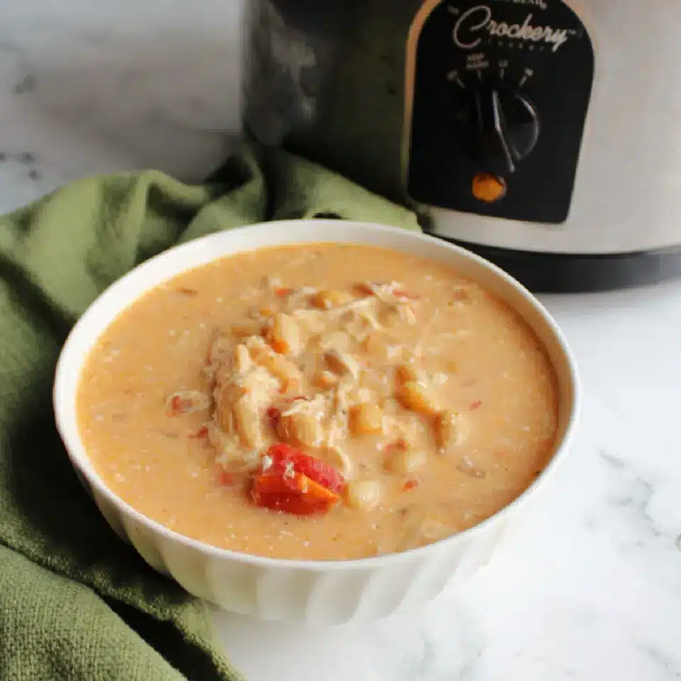 Creamy buffalo chicken chili in a white bowl.