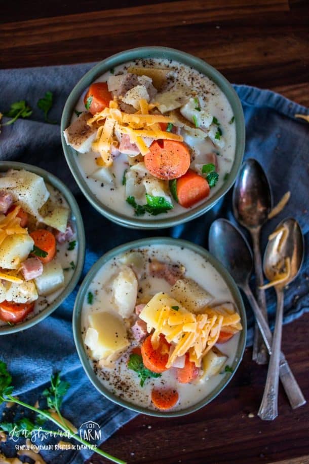 Cheesy ham and potato soup served in dark bowls.