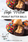 Pin image showing peanut butter balls dipped in chocolate and sprinkles.