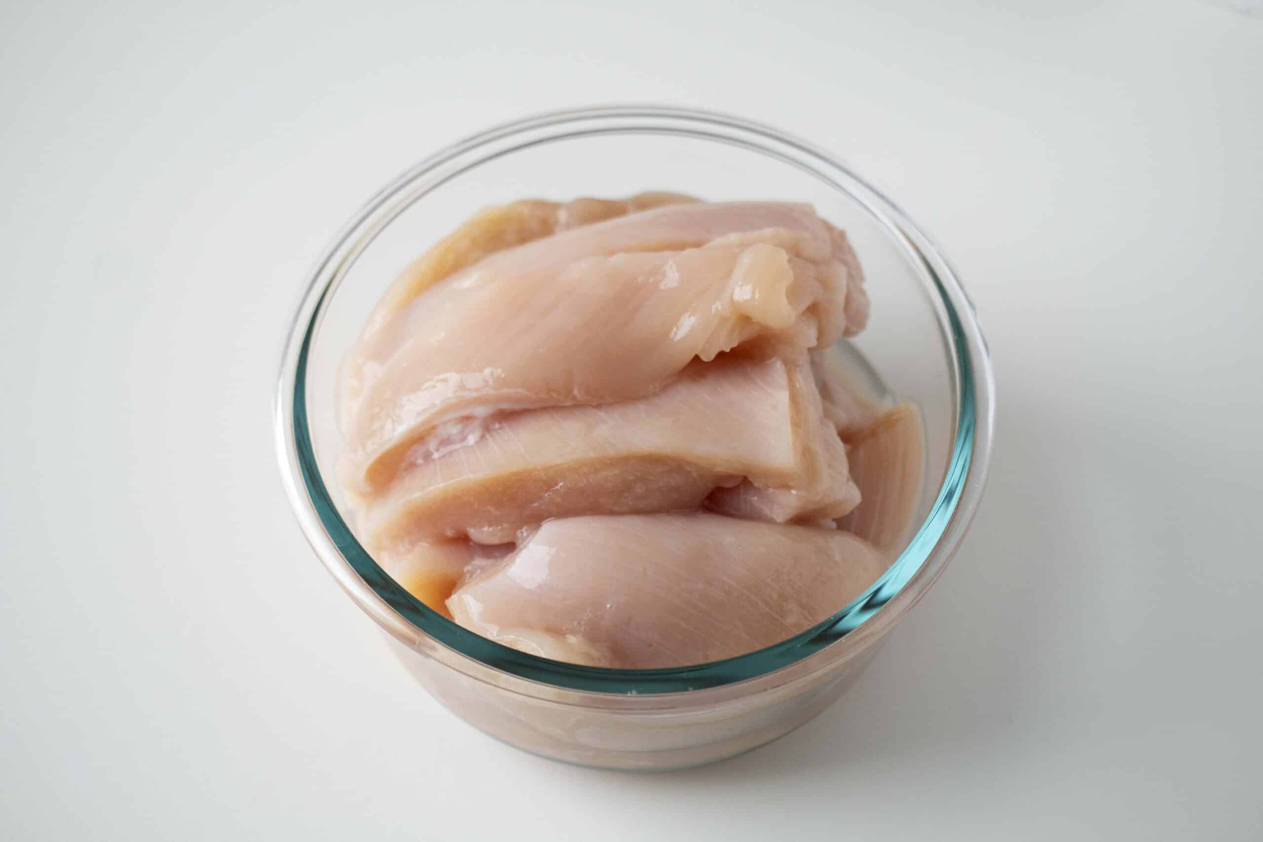 Chicken breast cut into strips.