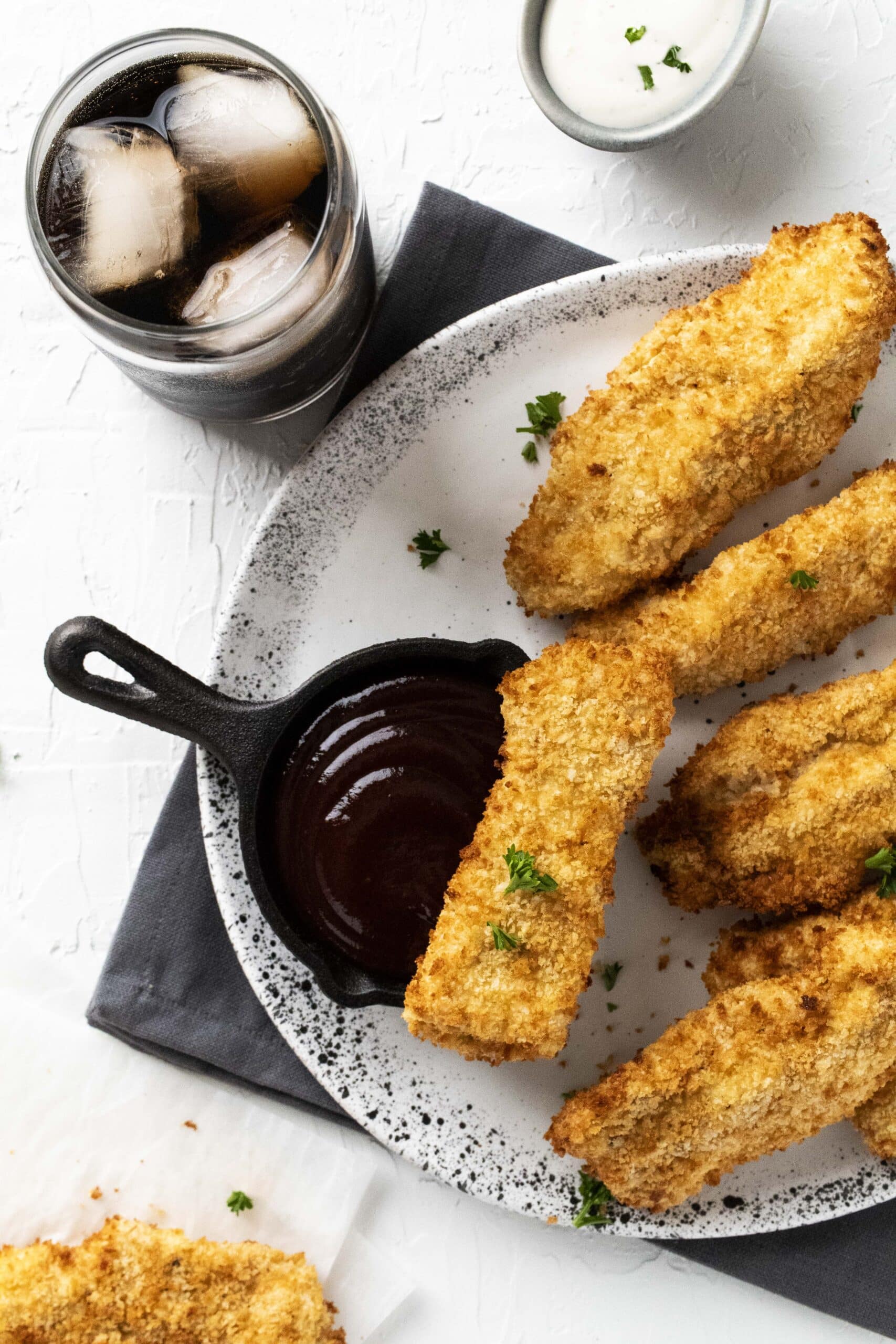 Overhead of crispy air fryer chicken tenders.