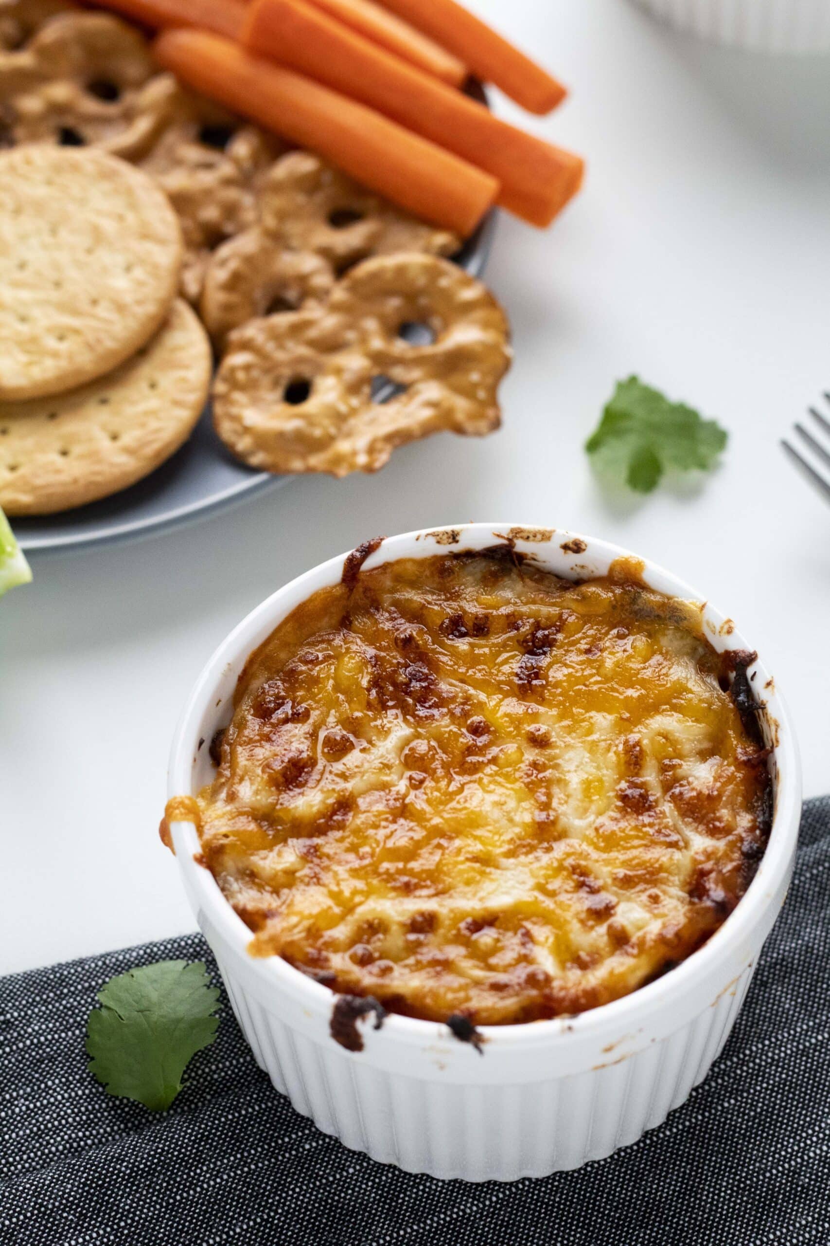 Air fryer bbq chicken dip in a white ramekin.