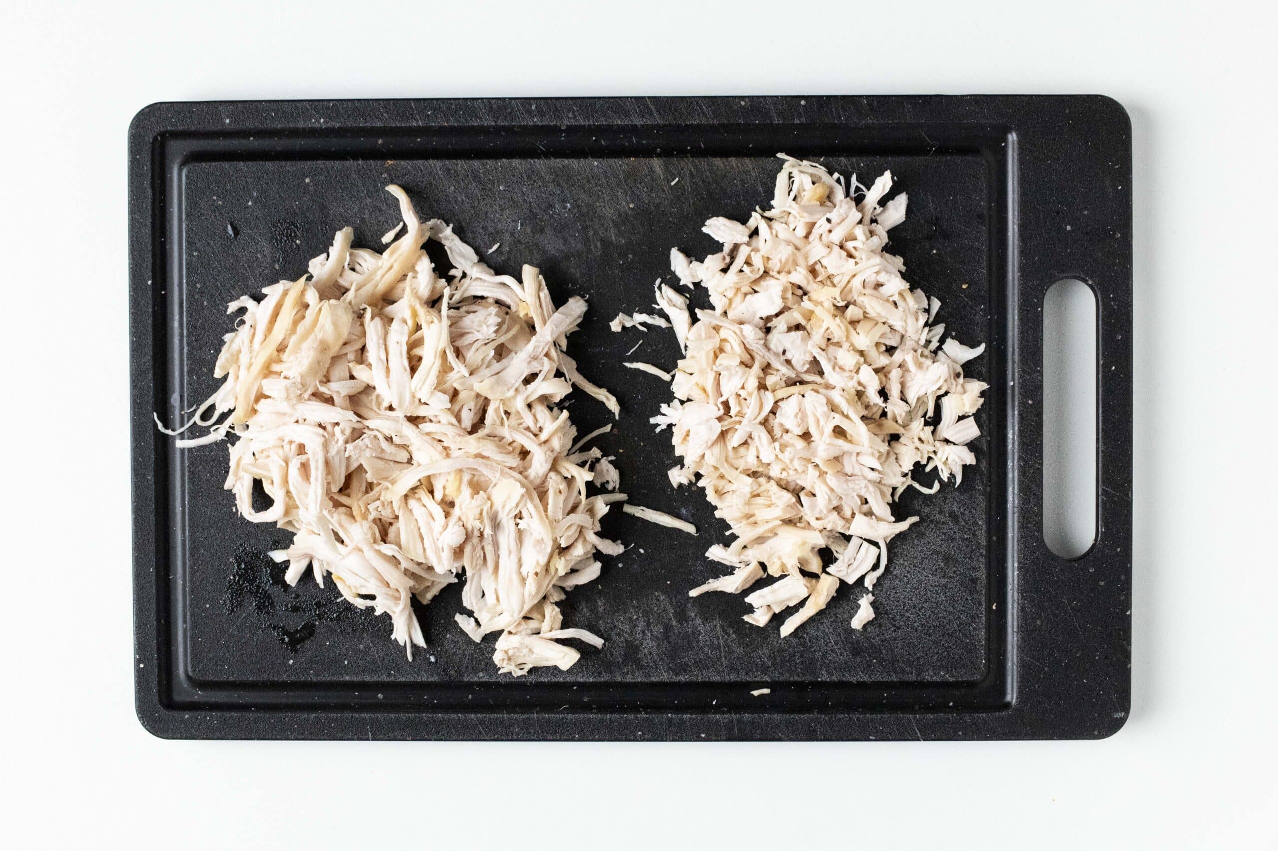 Shredded chicken chopped into smaller pieces.