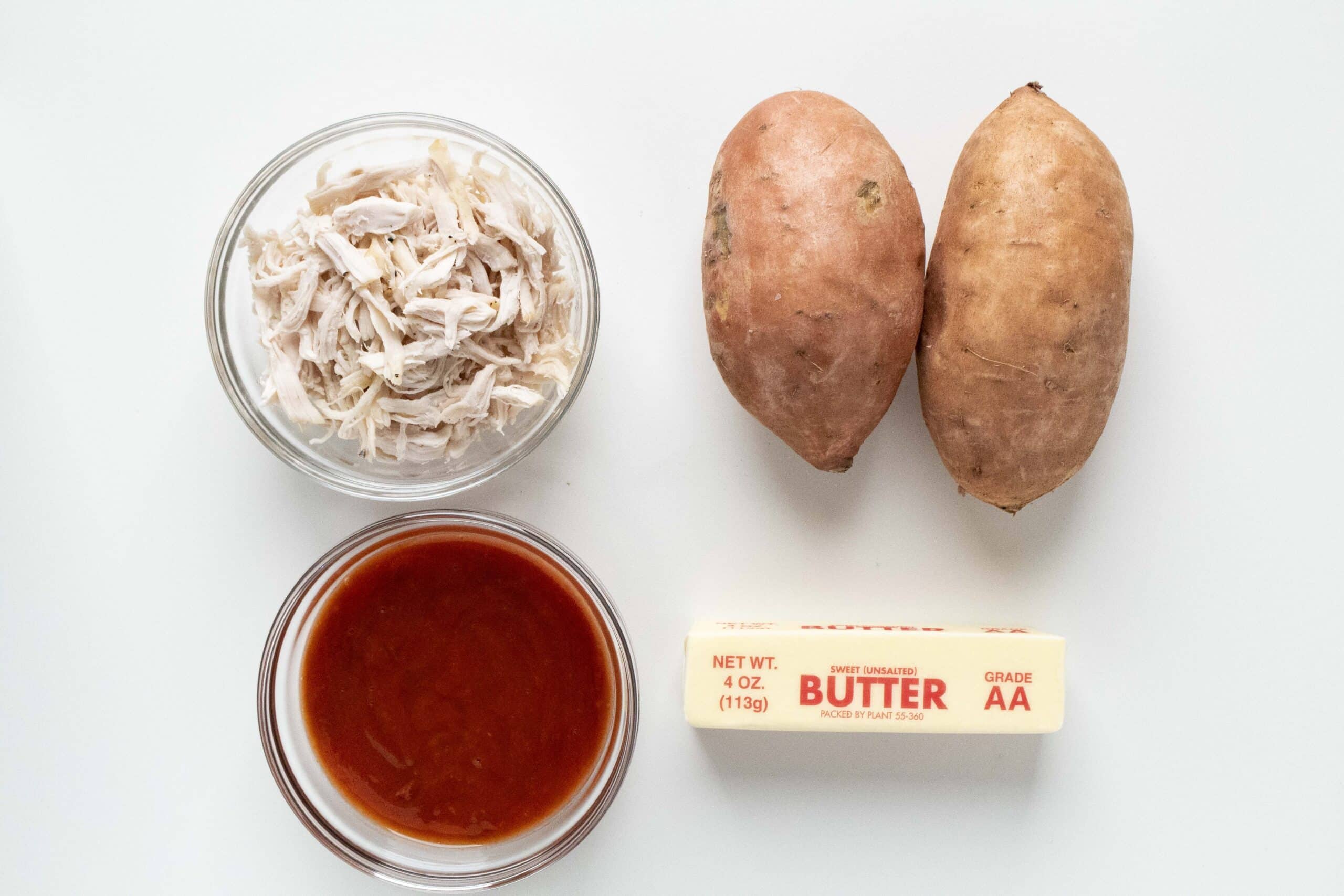 Ingredients for air fryer buffalo chicken sweet potatoes.