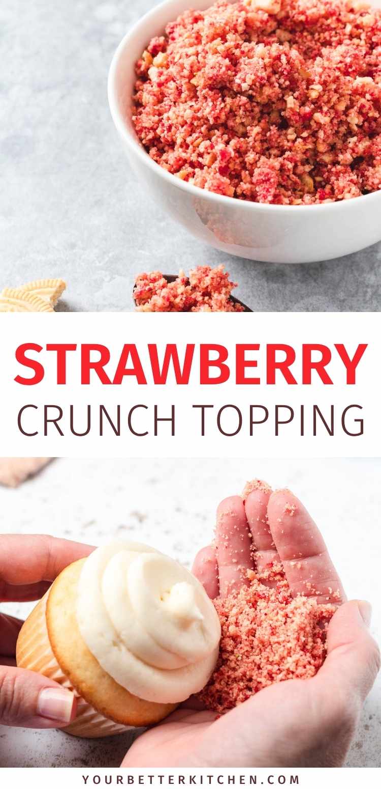 Pin image that reads "Strawberry Crunch Topping."