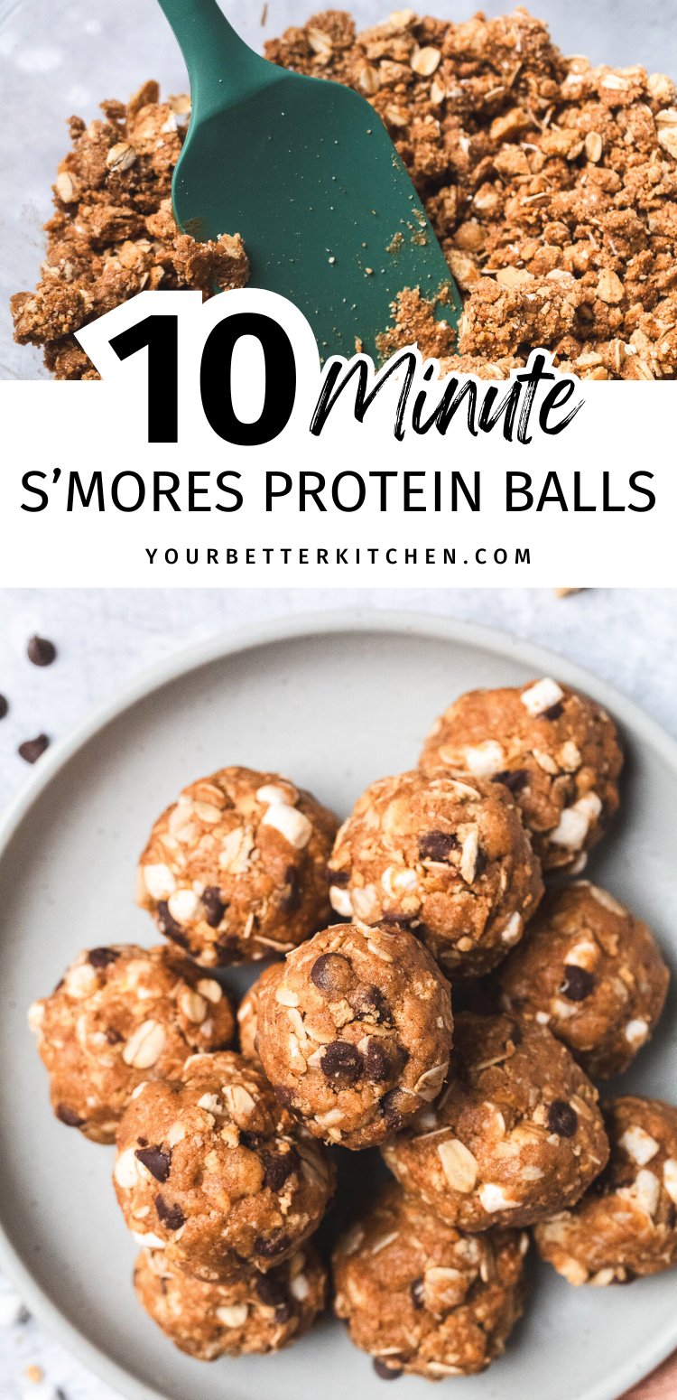 S’mores protein balls pin image with chocolate, marshmallow, and graham cracker energy bites on a plate.