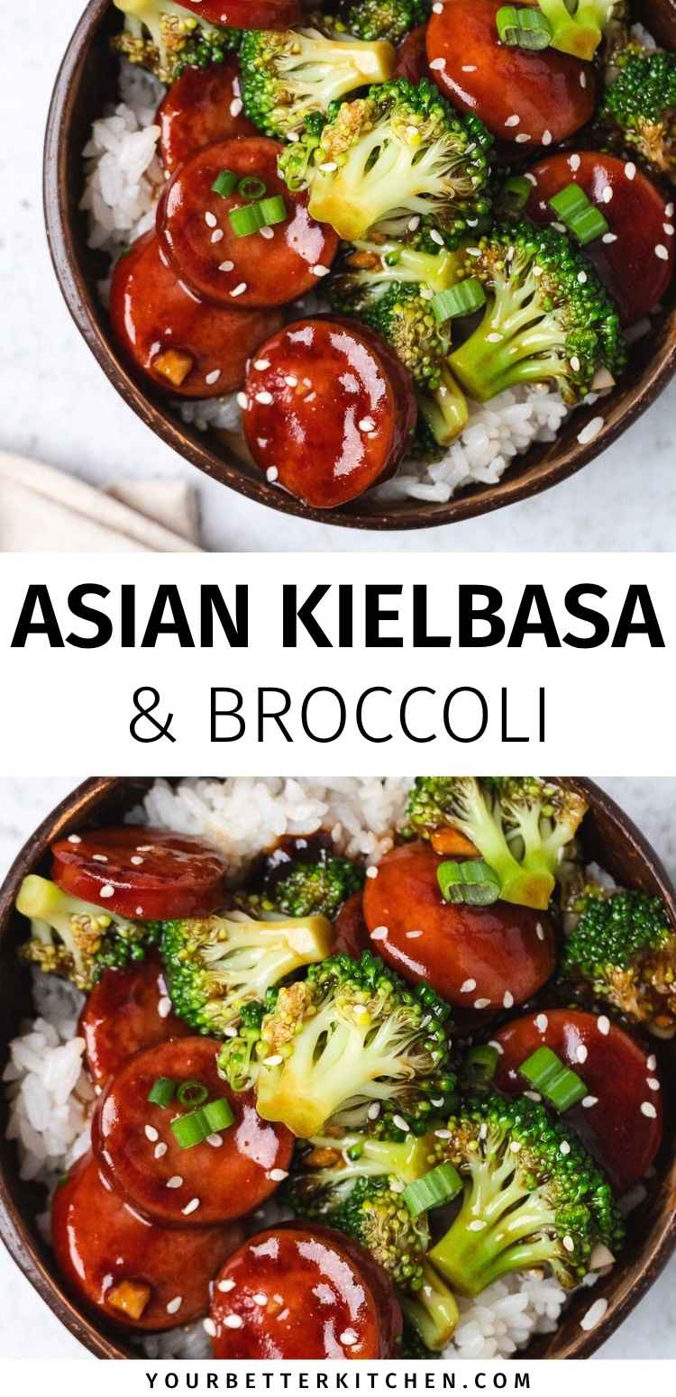 Pin image that reads, "Asian Kielbasa & Broccoli."
