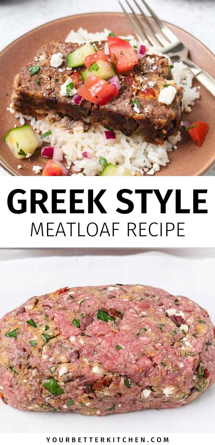 Pin image that reads, "Greek Style Meatloaf Recipe"