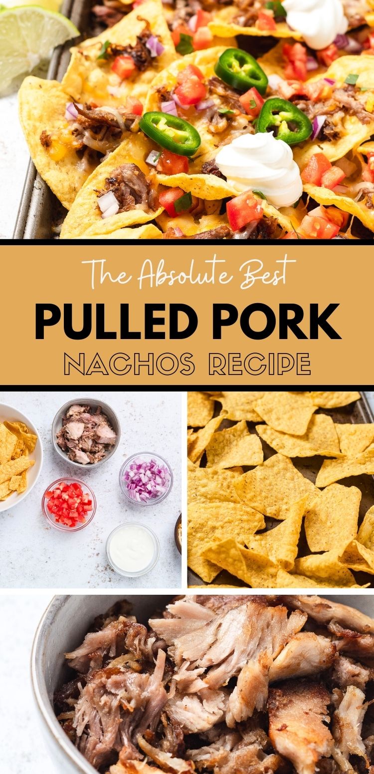 Pin image showing pulled pork sheet pan nachos and steps to make them.