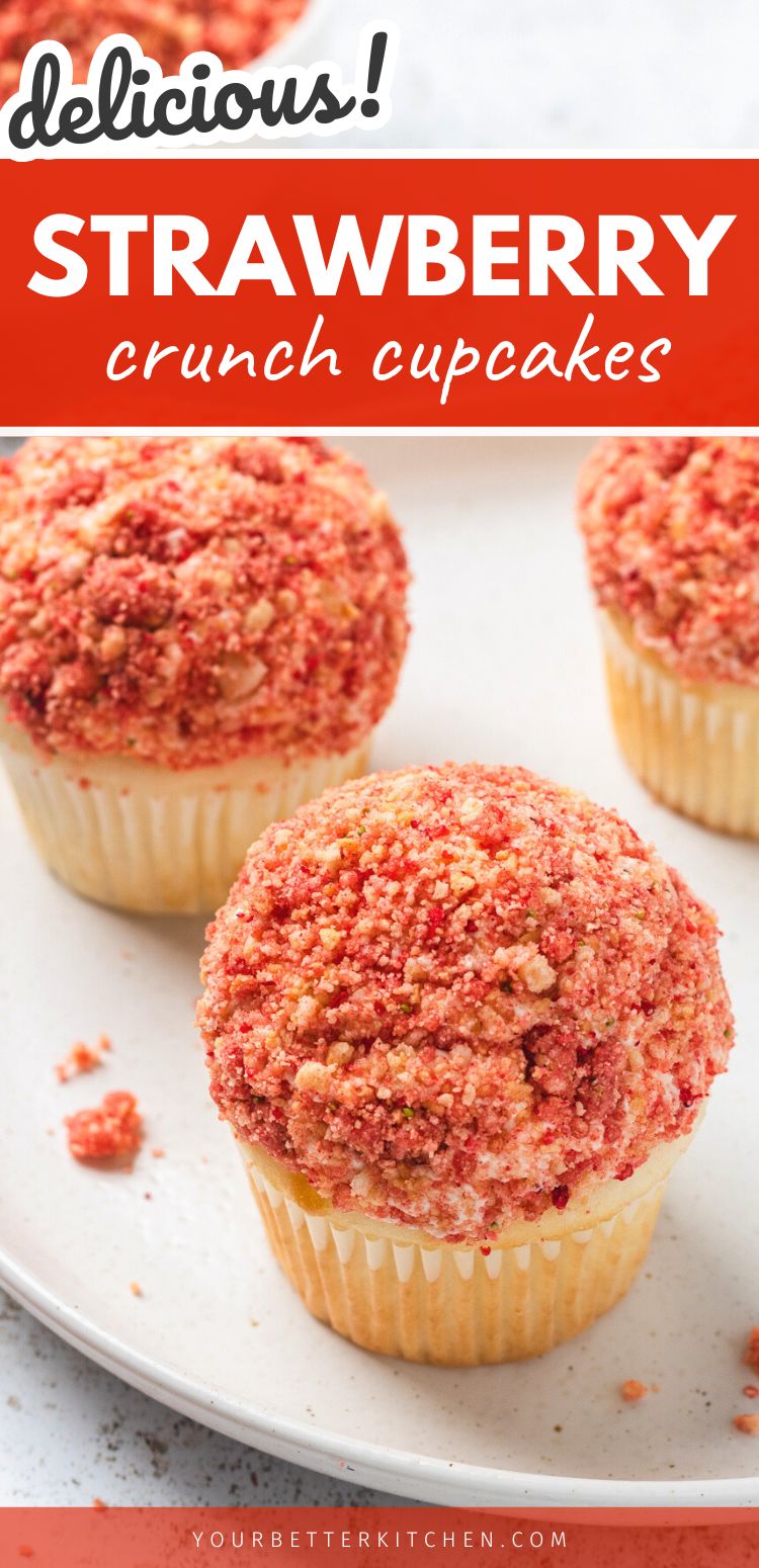 Strawberry crunch cupcakes with crumb topping and text overlay on a white plate.