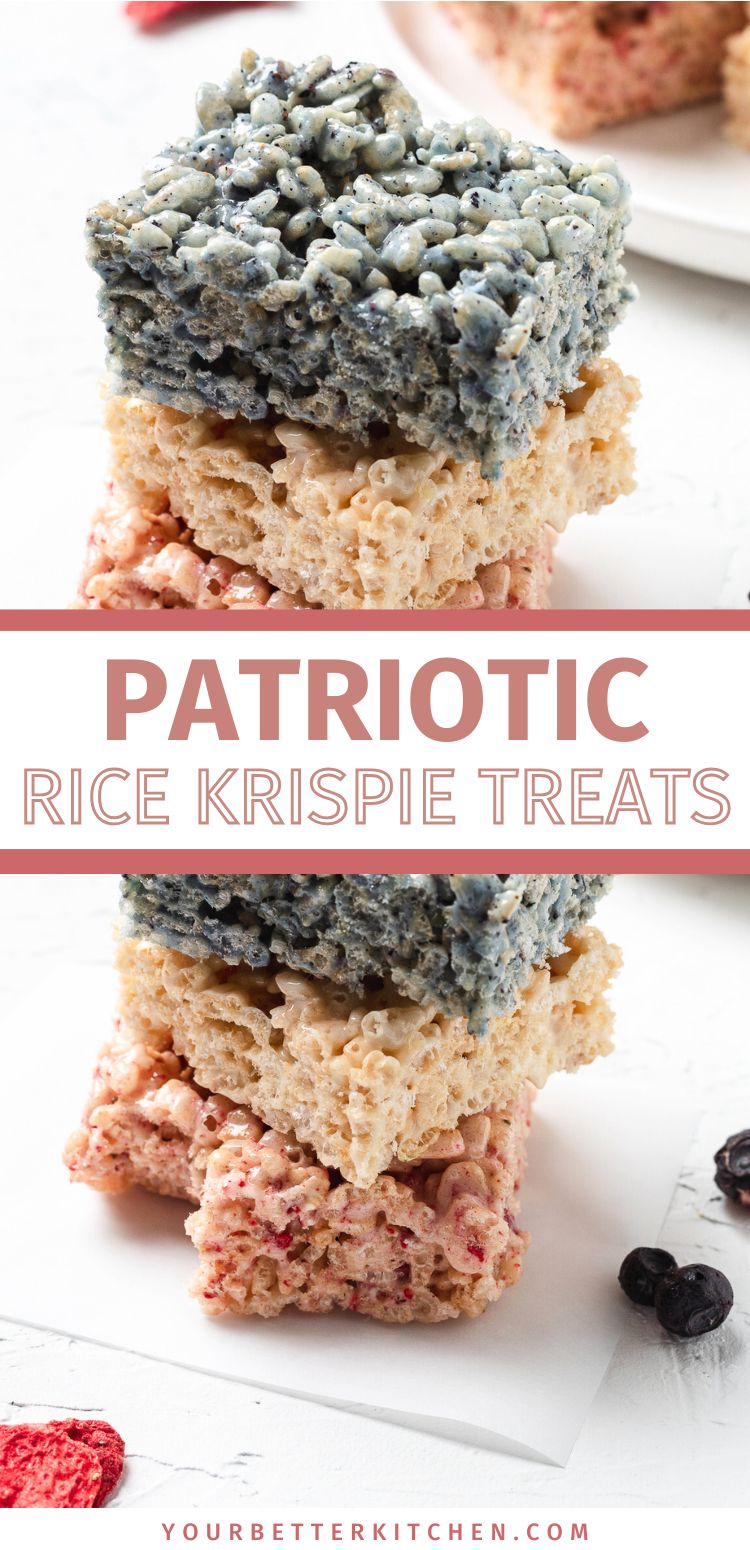 Pin image showing A stack of red, white, and blue Rice Krispie treats made with freeze-dried berries for a natural color boost.