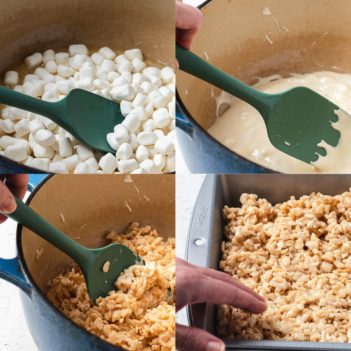 Classic Rice Krispie treats being mixed in a pot with melted marshmallows and pressed into a baking pan.