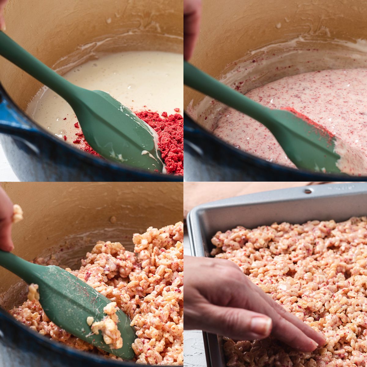 Red Rice Krispie treats made with freeze-dried strawberries, stirred into marshmallow and pressed into a baking pan.