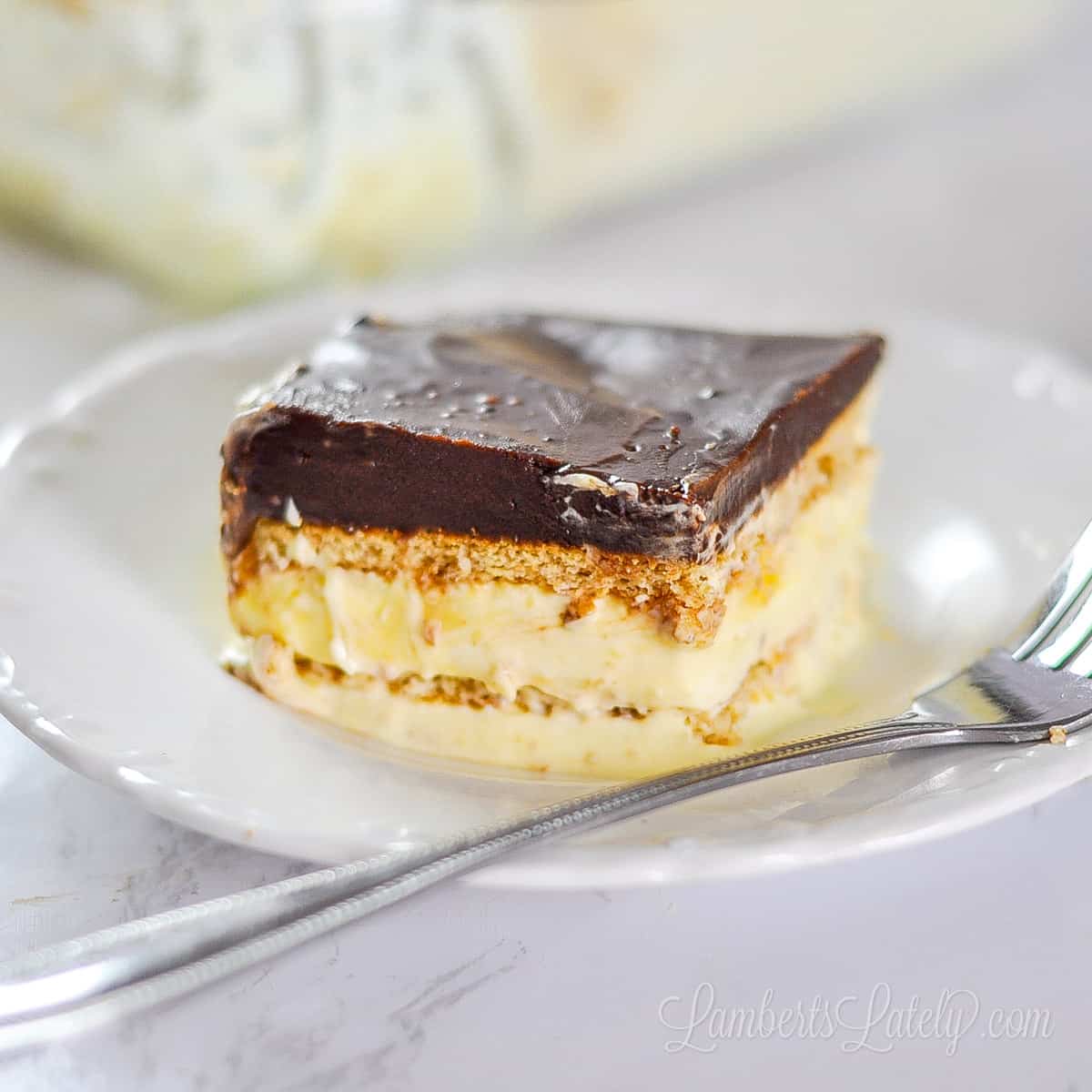 A layered no-bake chocolate éclair cake with graham crackers, vanilla filling, and a chocolate topping.