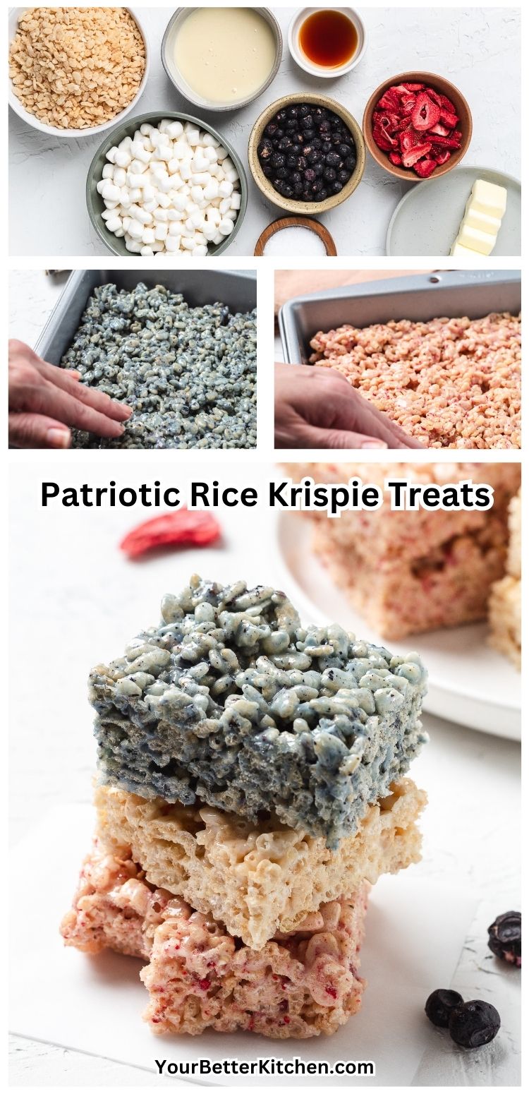 Step-by-step collage showing the process of melting, mixing, and pressing the red, white, and blue treats into a pan.
