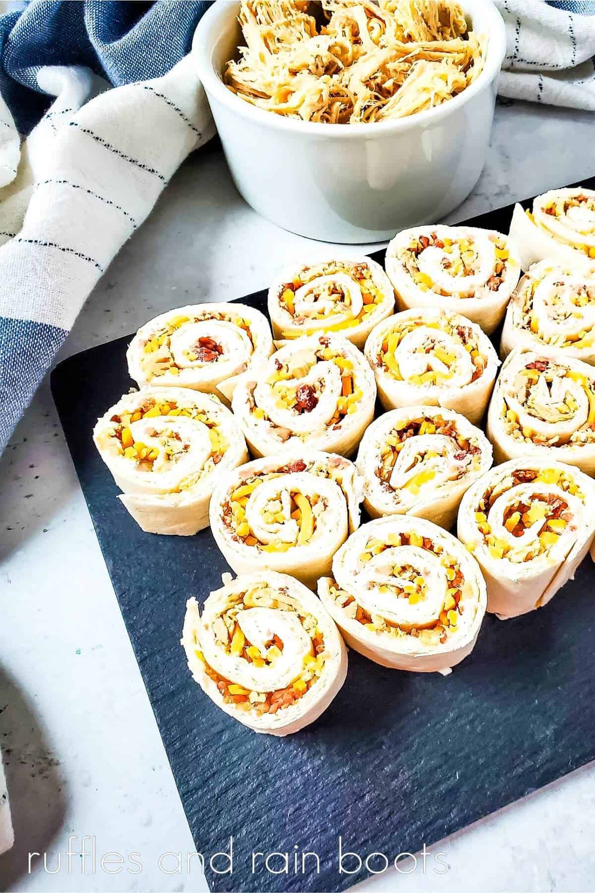 Rolled chicken pinwheels with cheese and bacon.