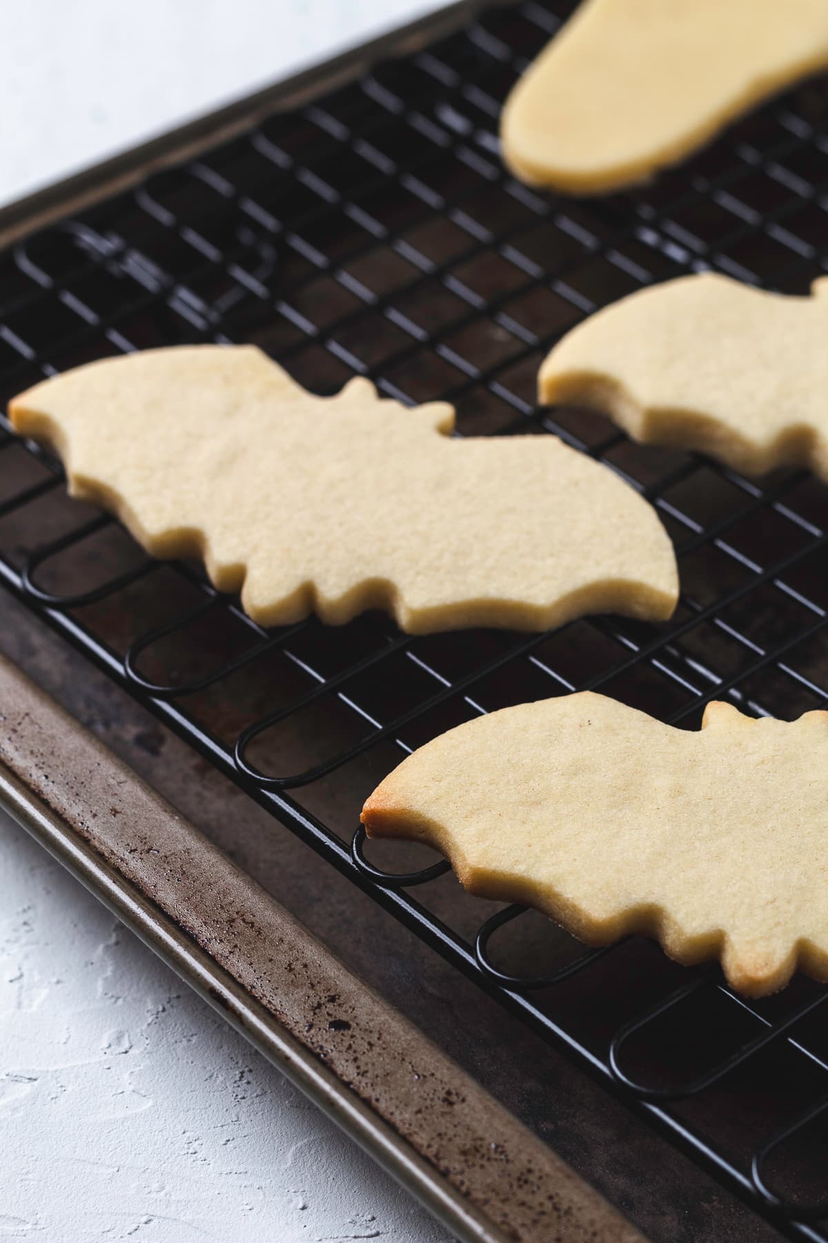 Plain bat-shaped sugar cookies cooling on a wire rack after baking.