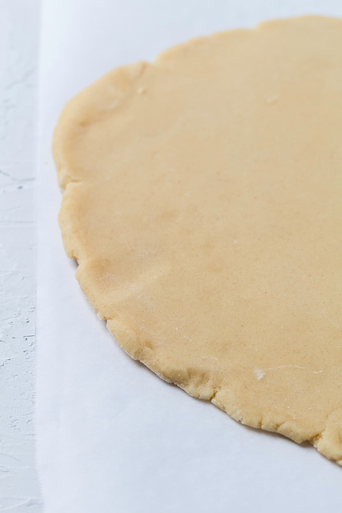 Rolled cookie dough on parchment paper.