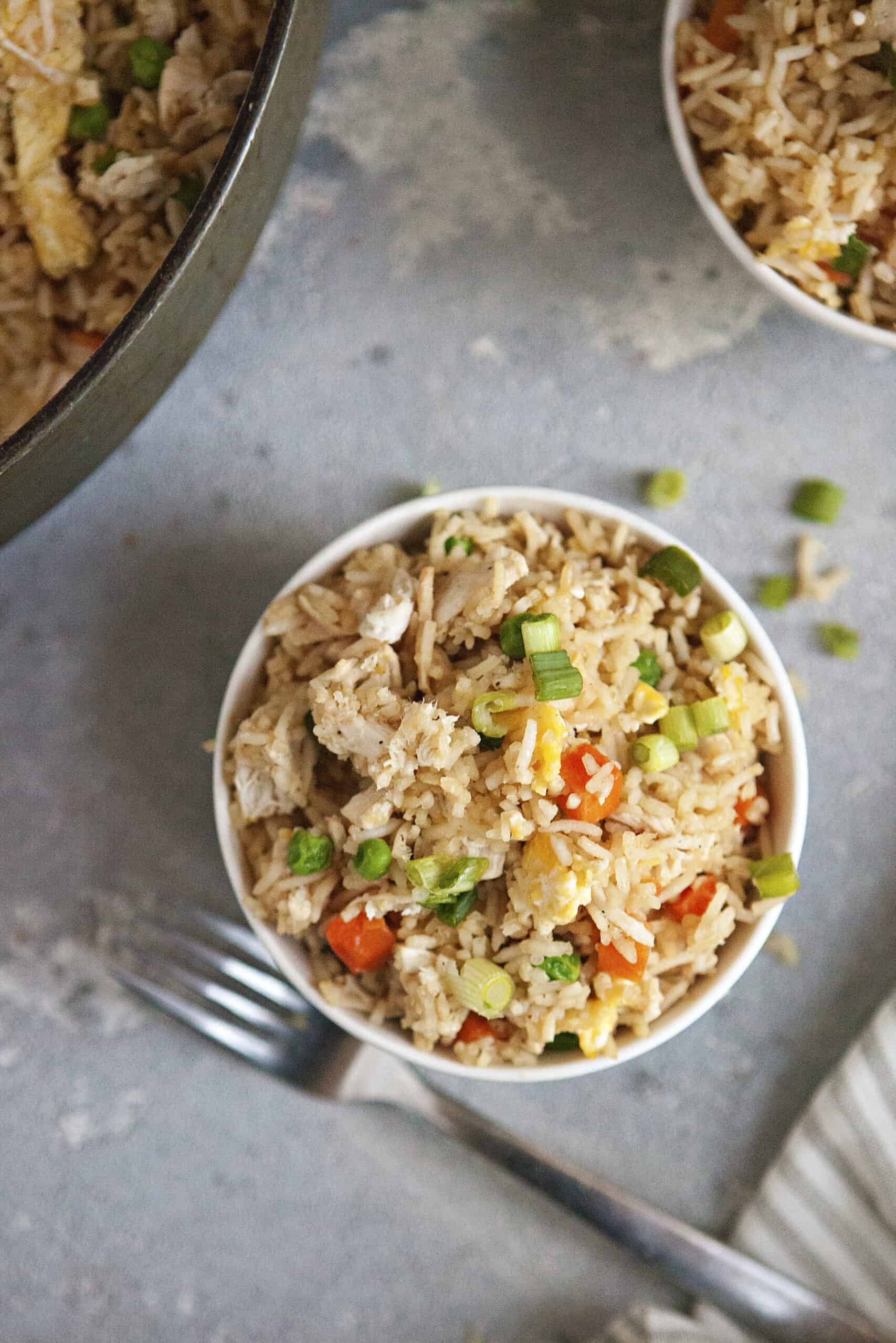 Fried rice with chicken, egg, carrots, and green onions.