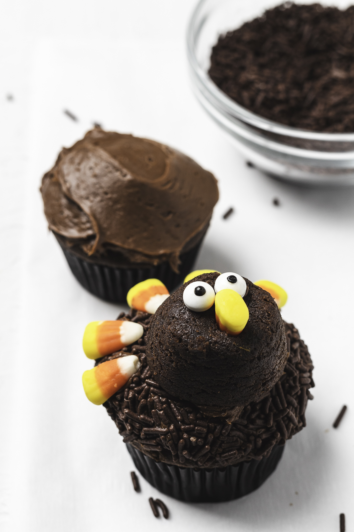 Thanksgiving turkey cupcake decorated with candy corn and candy eyes.
