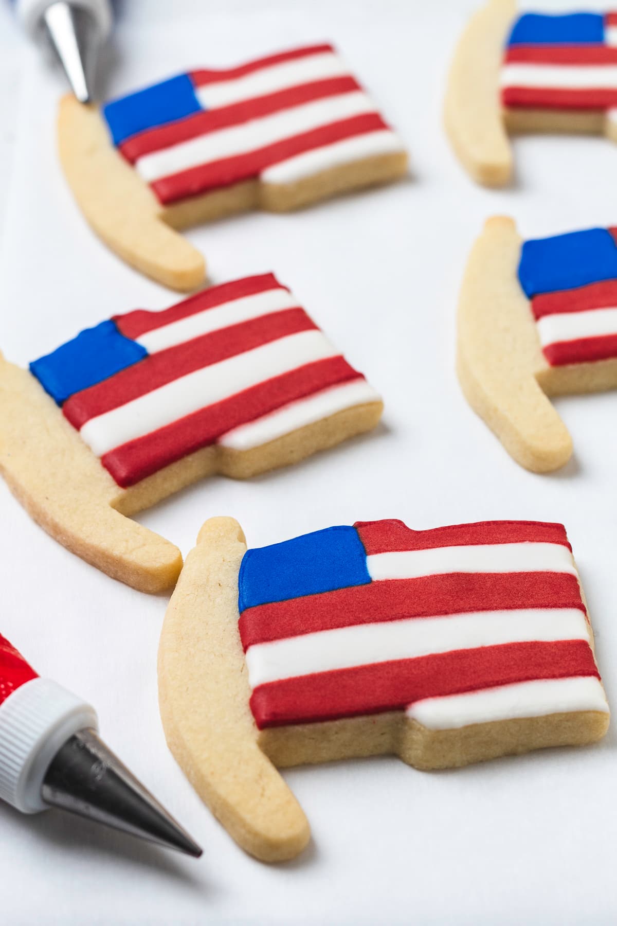 American flag cookies on a white background.