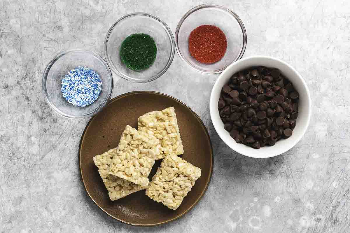 Ingredients for Christmas rice krispie treats.