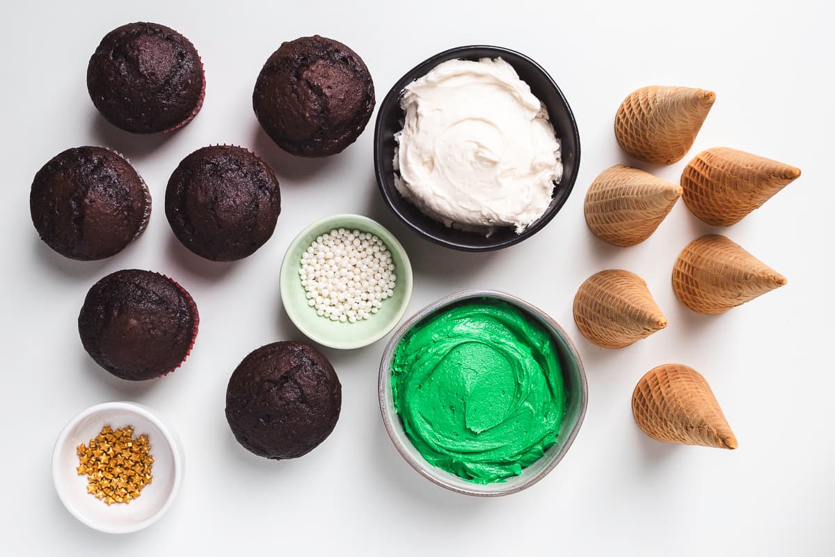 Ingredients for Christmas tree cupcakes.