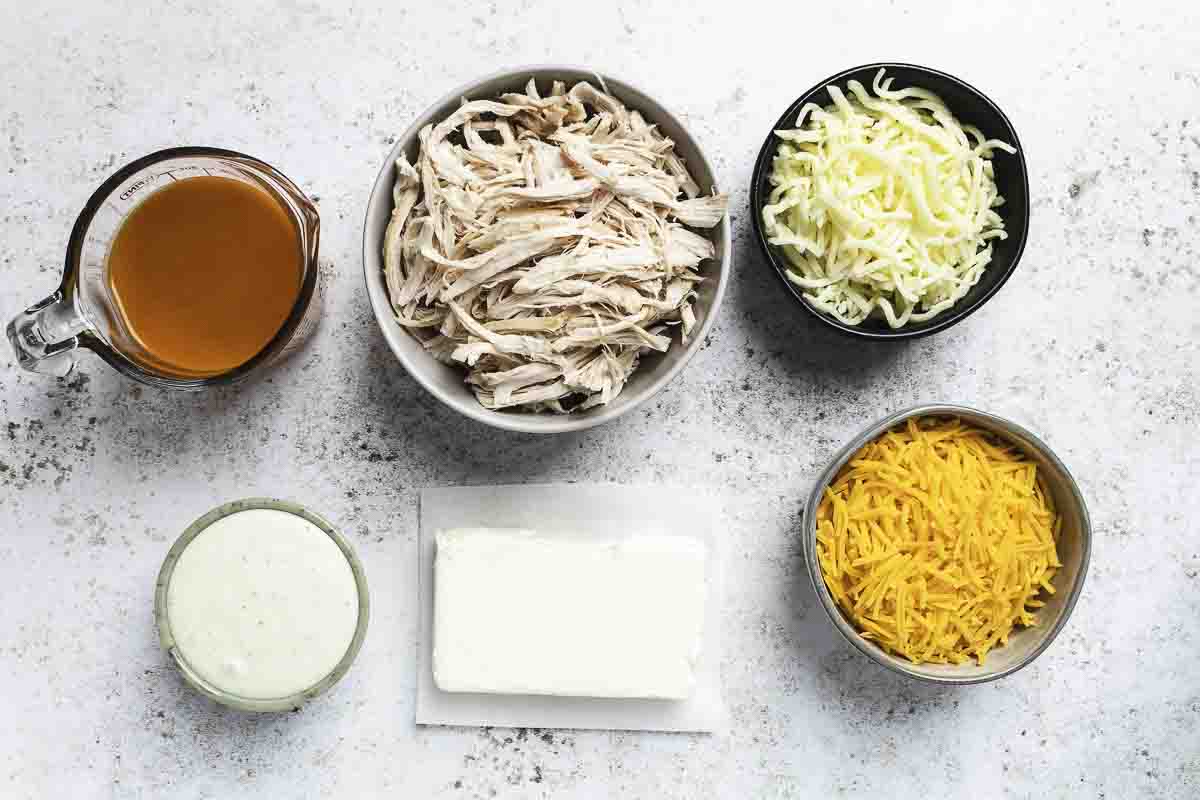 Ingredients for buffalo chicken dip.