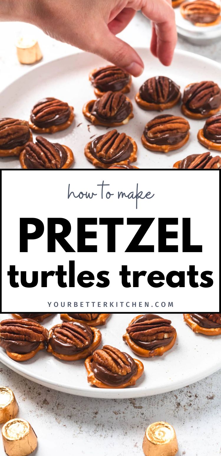 Pin image that reads, "how to make Pretzel turtles treats."