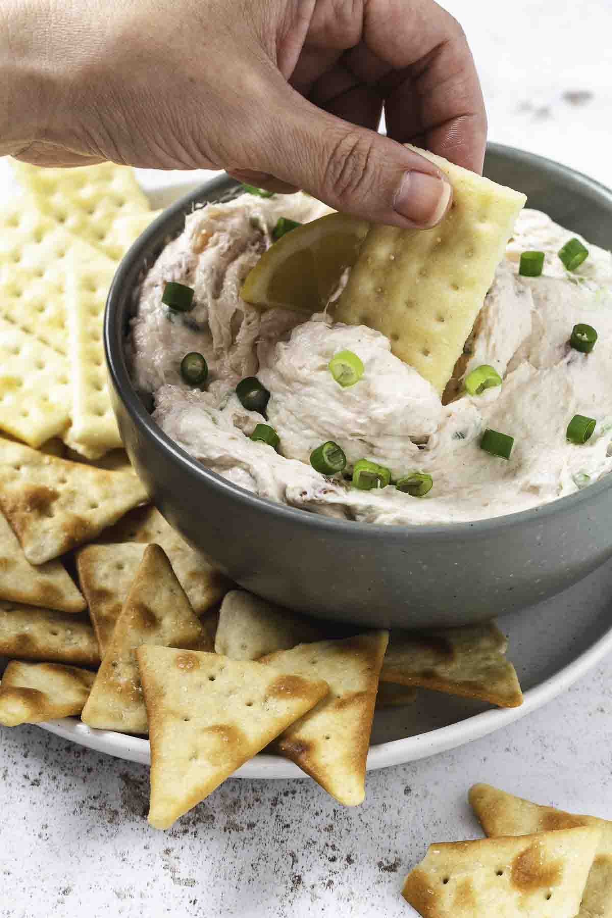 Hand dipping cracker into smoked salmon dip.