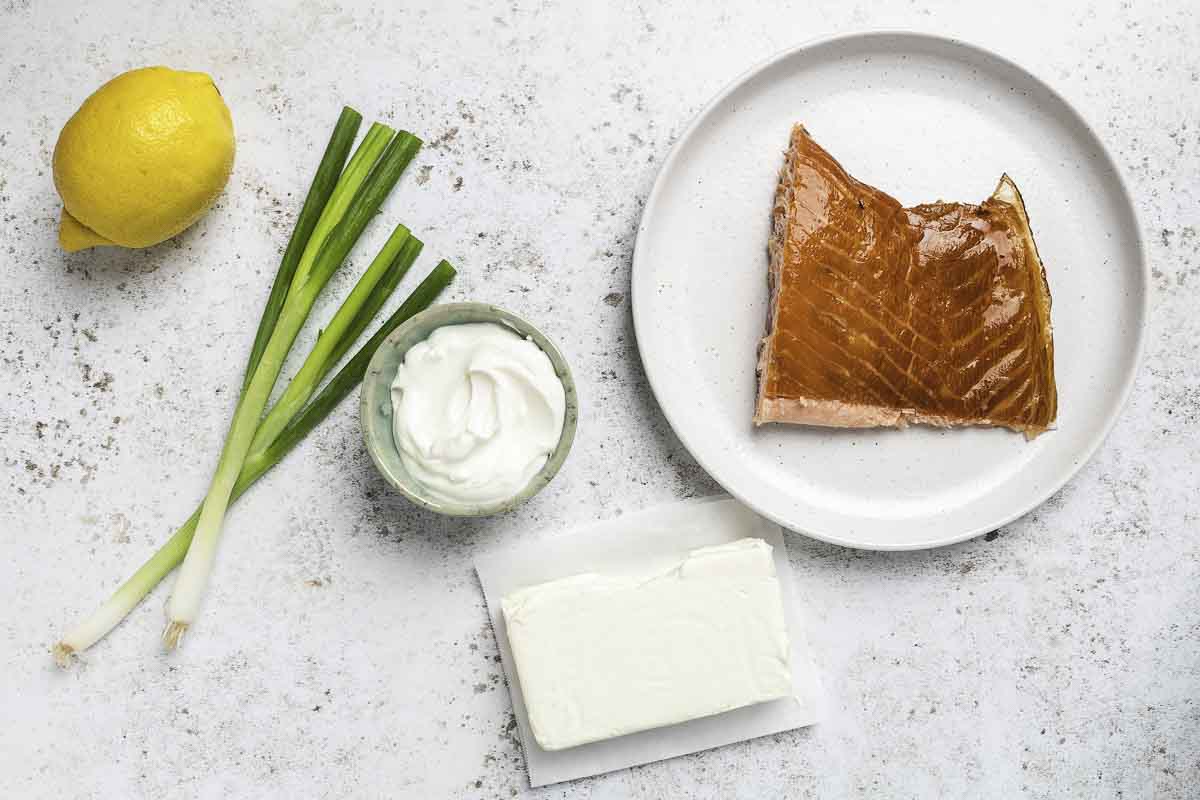 Ingredients for 5 ingredient smoked salmon dip.