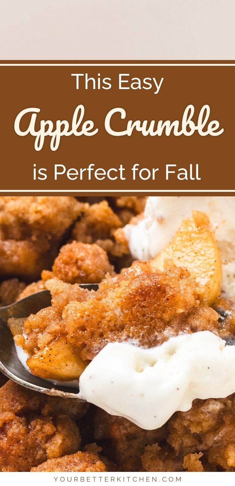 This Easy Apple Crumble is Perfect for Fall text with a spoonful of crumble and ice cream.