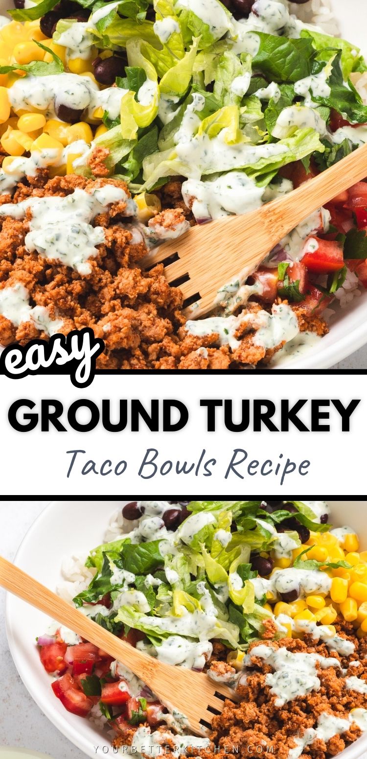 Pin image that reads, "easy Ground Turkey Taco Bowls Recipe," with bowl filled with taco meat, and tacos.