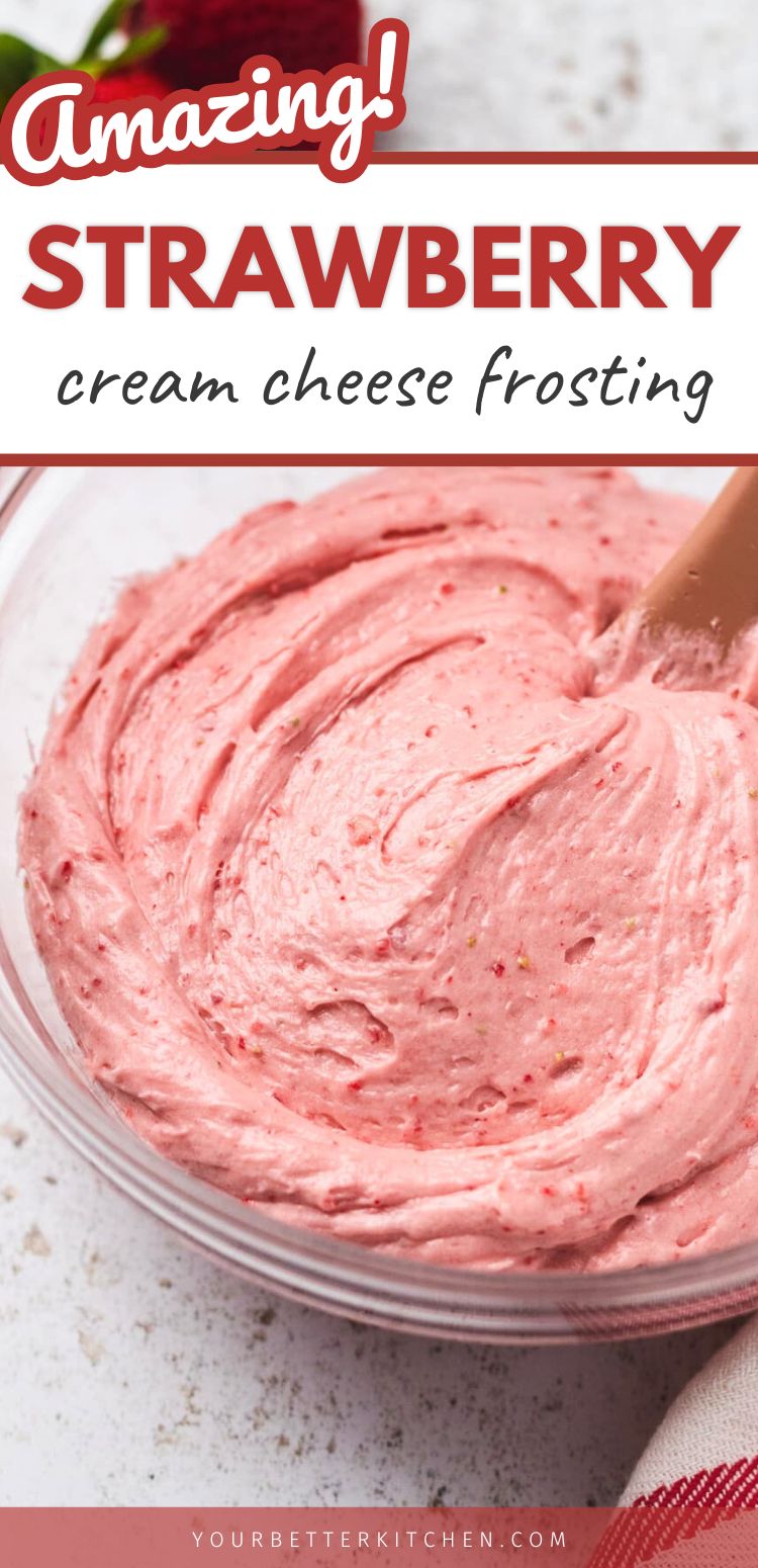 Pin image that reads "Amazing Strawberry Cheesecake Frosting," with an image of the frosting in a clear bowl.