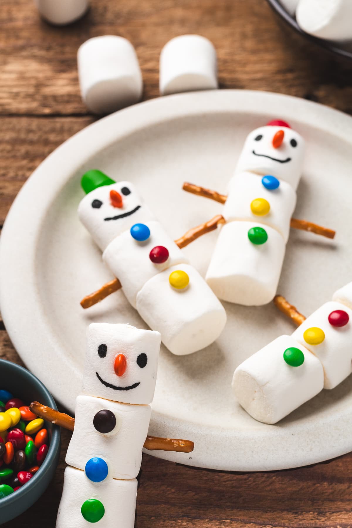 Plate of marshmallow snowmen with pretzel arms, candy buttons, and gummy hats for Christmas.