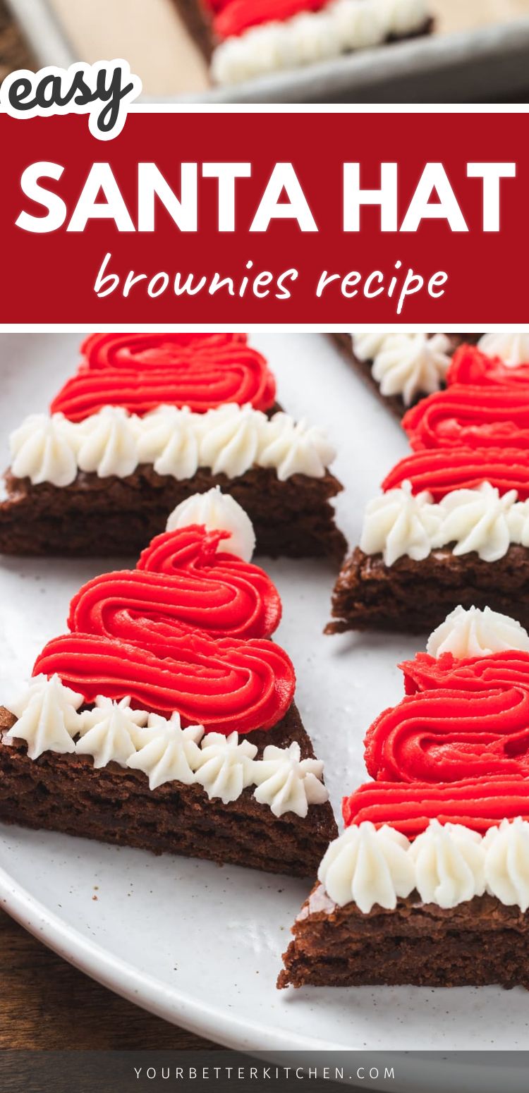Easy Santa Hat Brownies Recipe shown with red frosting hats and white trim for a festive holiday treat.