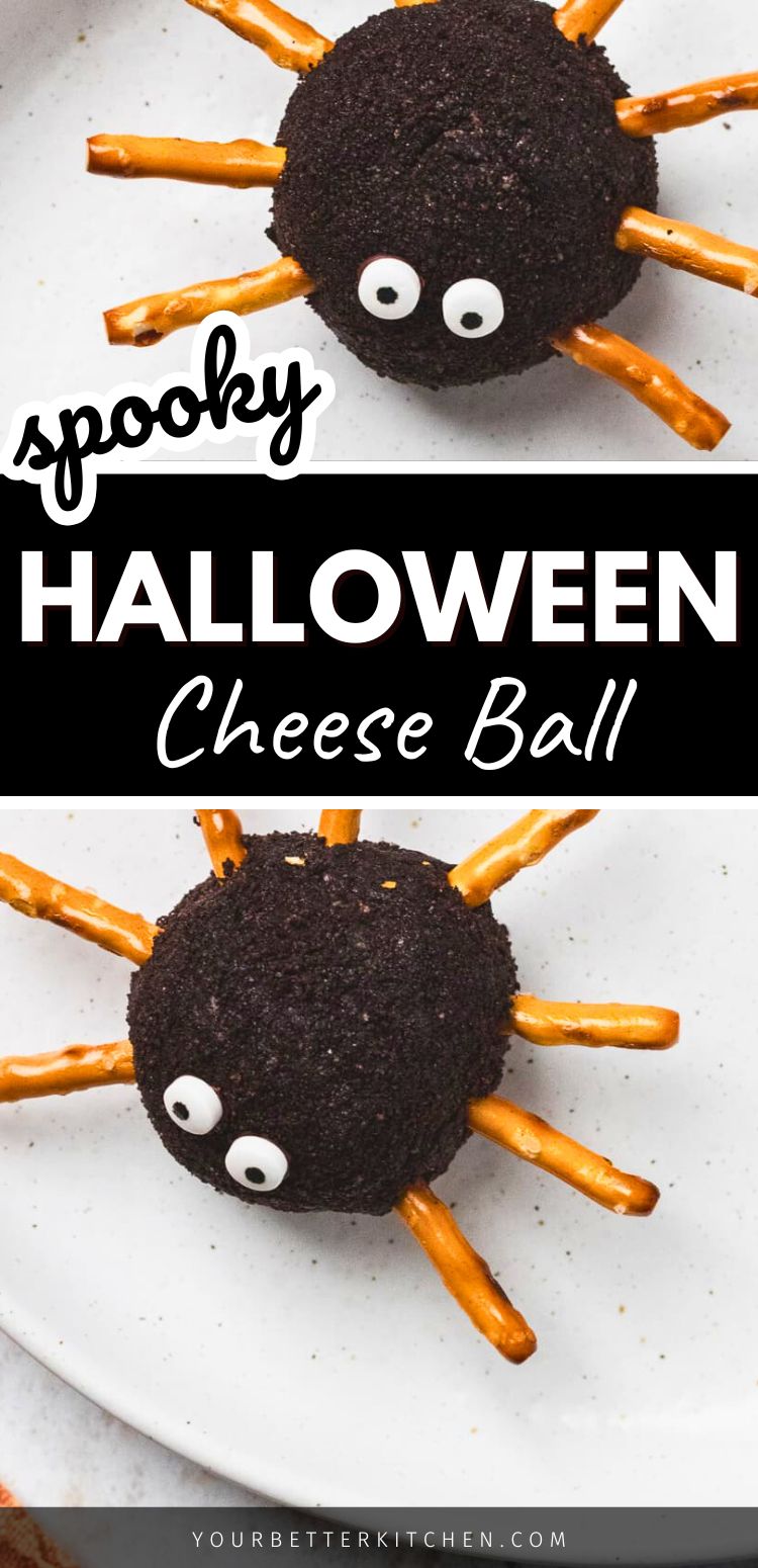 Spooky Halloween Cheese Ball text with Oreo spider cheeseballs made with pretzel legs and candy eyes.