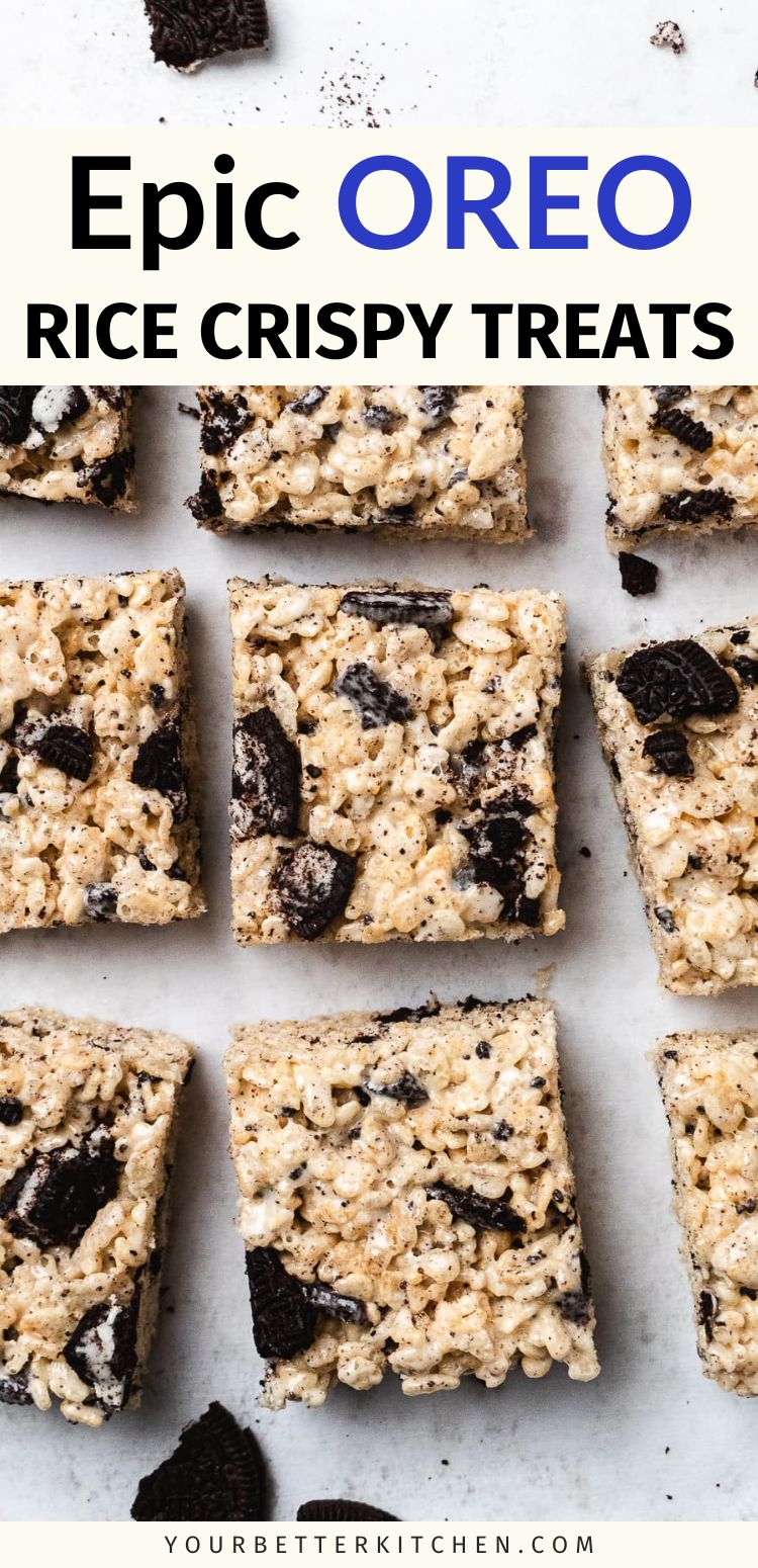 Pin image that for Oreo Rice Crispy Treats that reads, "Epic Oreo Rice Crispy Treats."