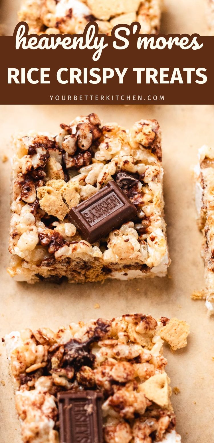 Pin image that reads "heavenly S'mores RICE KRISPIE TREATS."