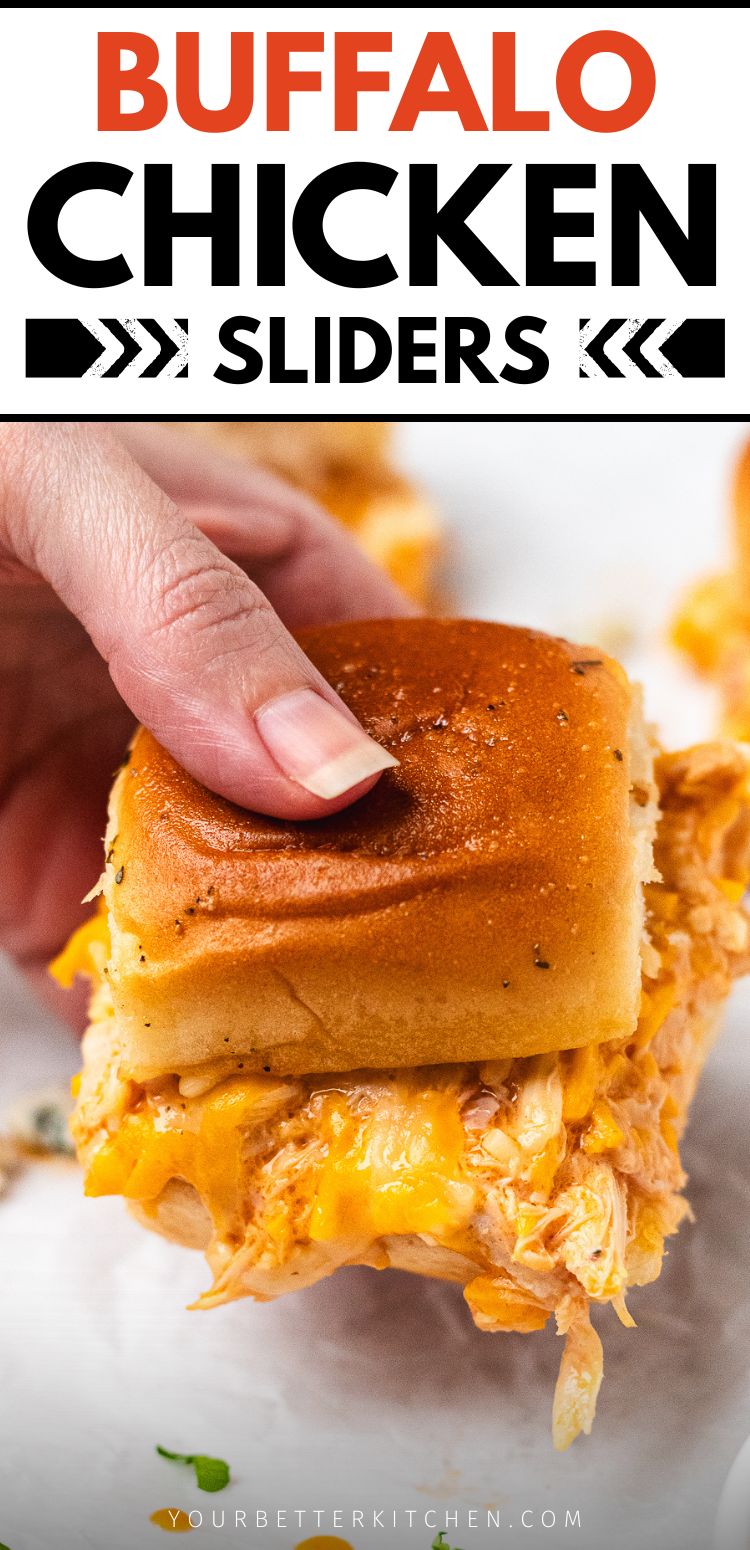 This is a pin image for the recipe Buffalo chicken sliders.
