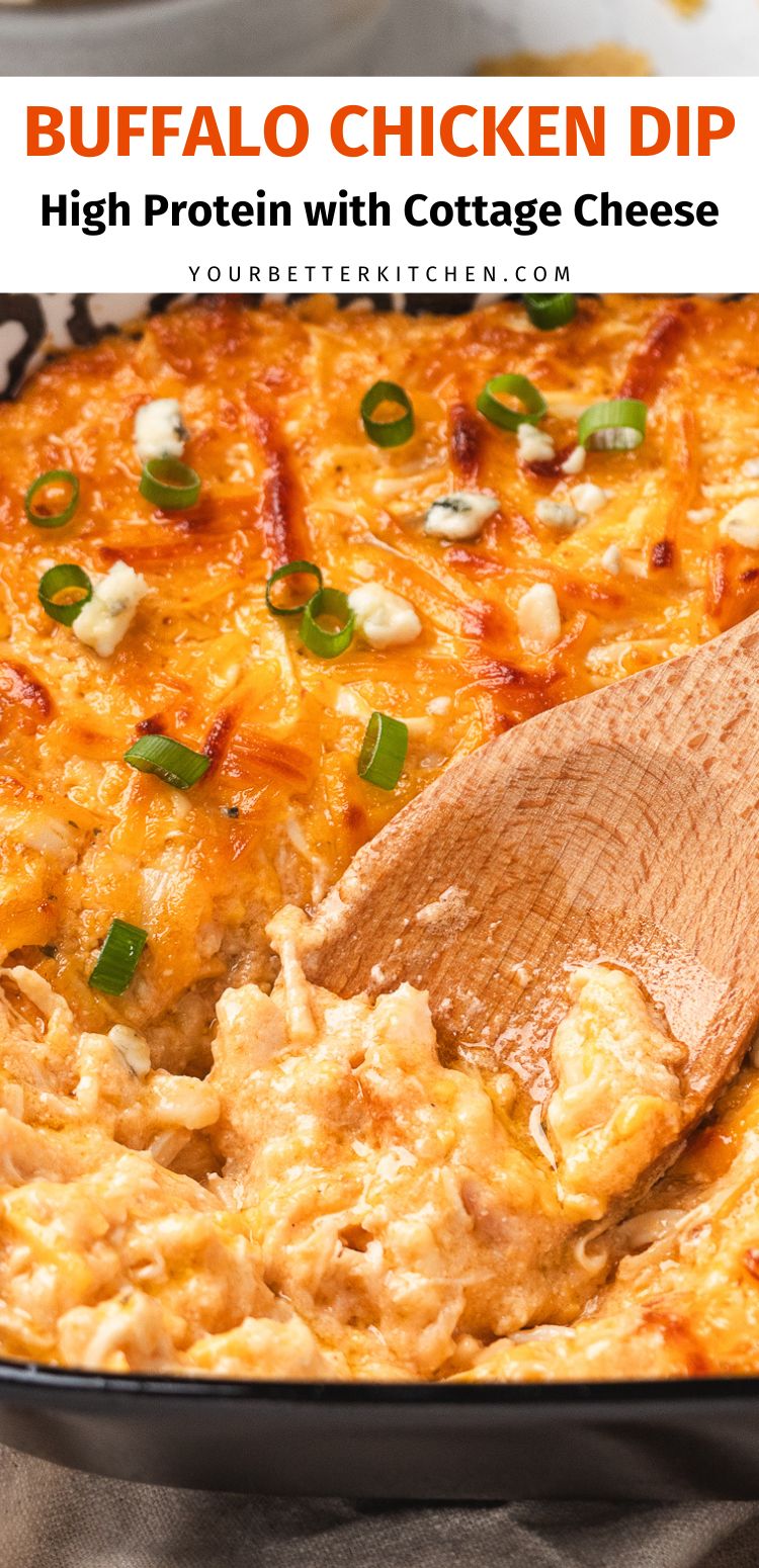 Pin image that reads, "Buffalo Chicken Dip - High Protein with Cottage Cheese."