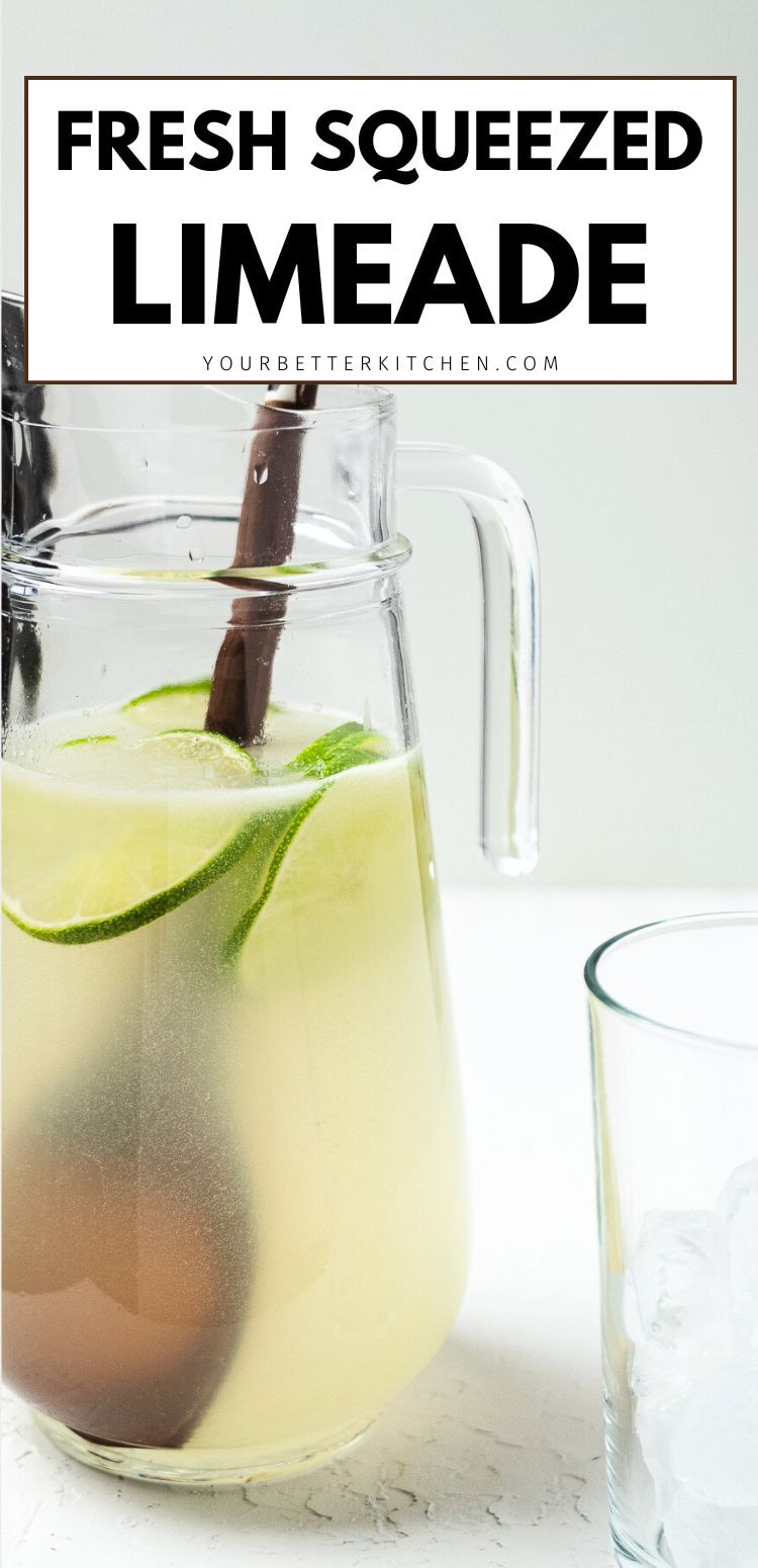Glass pitcher of limeade with lime slices and spoon beside an ice-filled glass, text โFresh Squeezed Limeadeโ