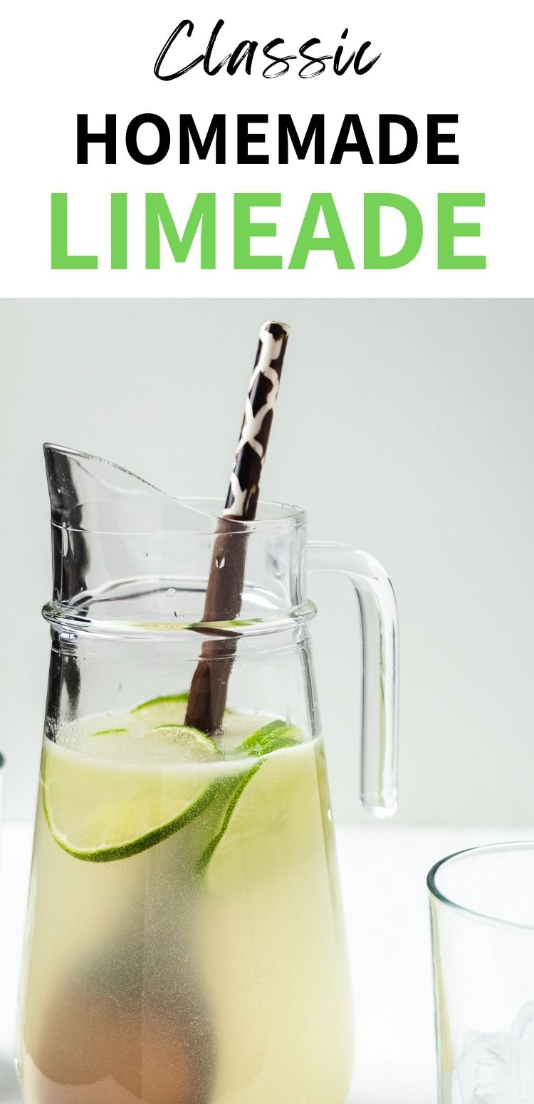 Glass pitcher of limeade with lime slices and spoon beside an ice-filled glass, text โClassic Homemade Limeadeโ.