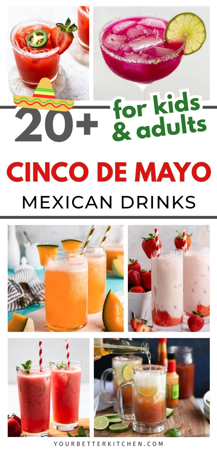 Cinco de Mayo Mexican drinks collage pin image with margaritas, aguas frescas, and party drinks for a crowd.