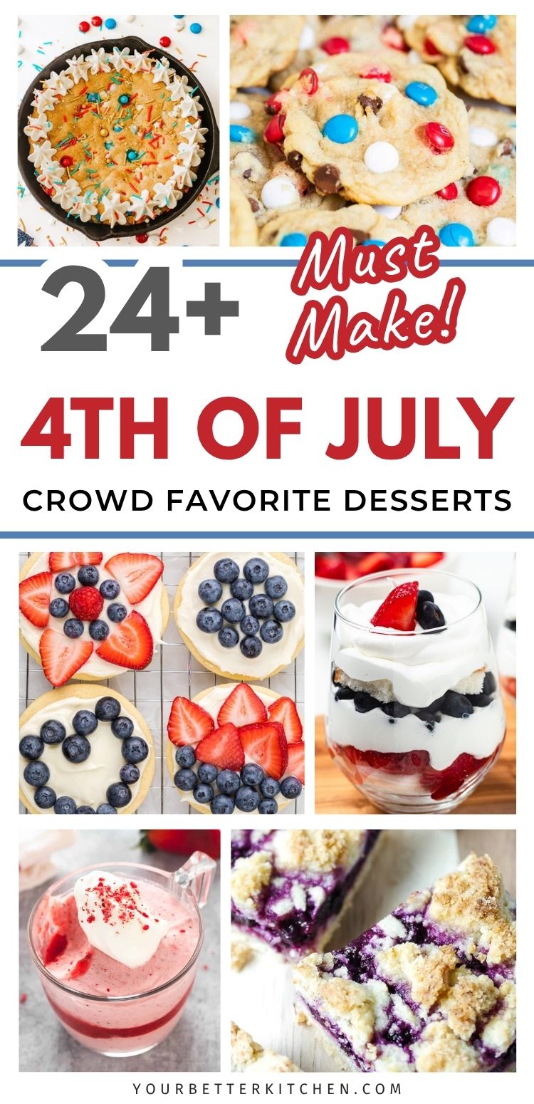 4th of July crowd favorite desserts collage with cookies, berry tarts, parfaits, and bars.
