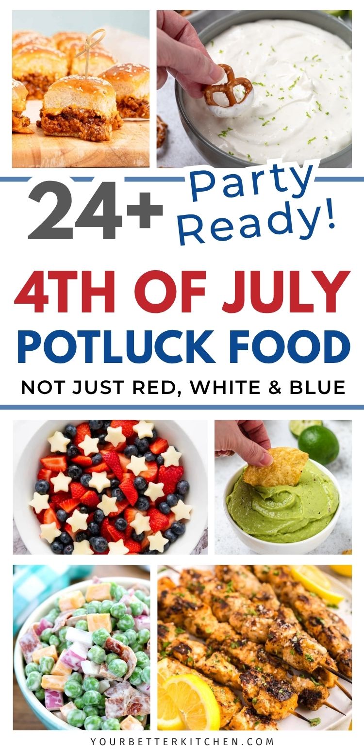 4th of July potluck food ideas with sliders, dips, fruit salad, grilled skewers, and more.