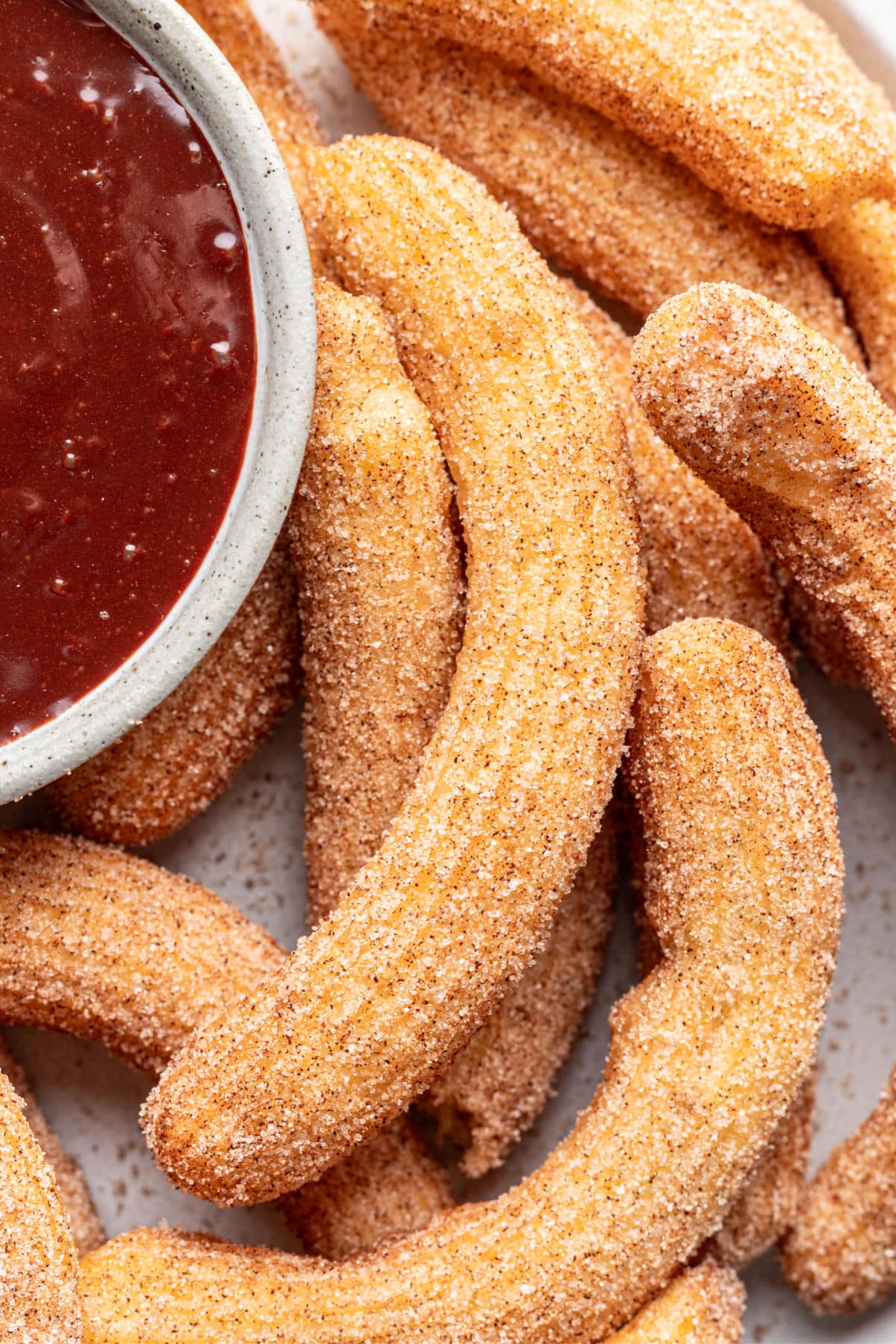 Cinnamon sugar churros with chocolate dipping sauce.
