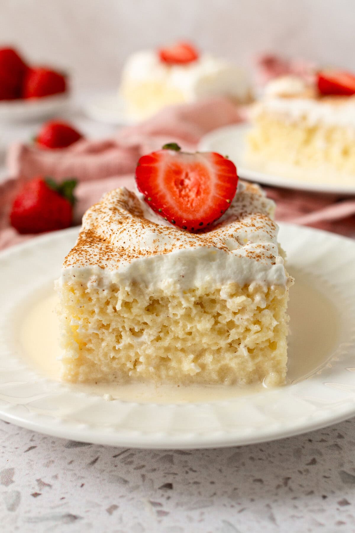 Slice of tres leches cake topped with whipped cream, cinnamon, and a fresh strawberry on a plate.